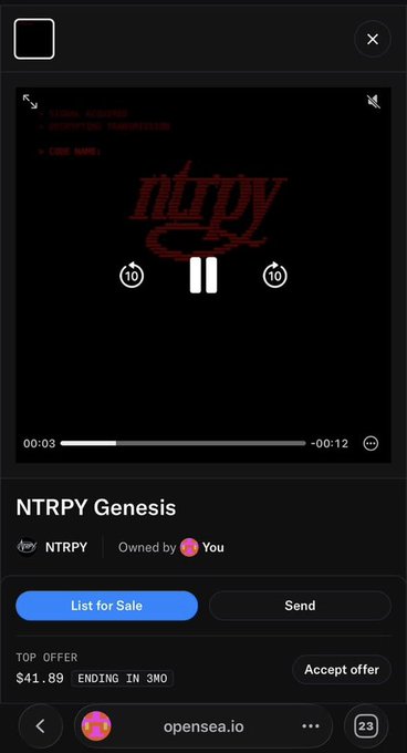 The image shows an OpenSea listing for "NTRPY Genesis," an NFT owned by the user, with a current top offer of $41.89 ending in 3 months. This aligns with the post celebrating a successful mint allocation of the NTRPY Genesis NFT, highlighting the asset being secured and offered to their community.