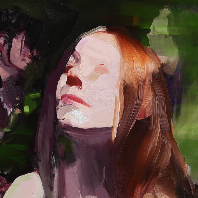 An expressive, painterly portrait shows a woman with reddish-brown hair and closed eyes against a dark green and purple background.