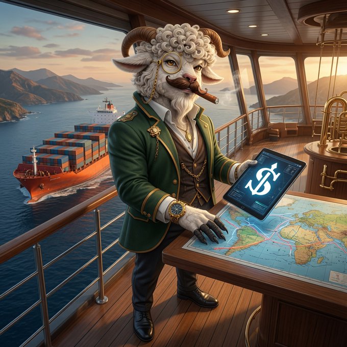 An anthropomorphic sheep captain in a green coat smokes a cigar while holding a tablet displaying a dollar sign, with a cargo ship and world map visible on the ship's deck.