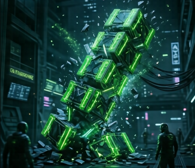 A cyberpunk-style 3D rendering of a glowing green blocky structure breaking apart in a futuristic neon-lit city street with silhouetted figures observing it.