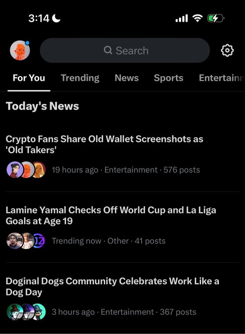 A mobile app screenshot showing a news feed with headlines including 'Crypto Fans Share Old Wallet Screenshots as Old Takers', 'Lamine Yamal Checks Off World Cup and La Liga Goals at Age 19', and 'Doginal Dogs Community Celebrates Work Like a Dog Day'.