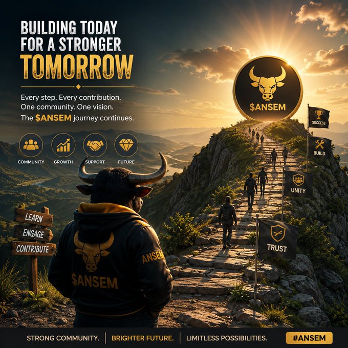 Promotional graphic with text 'BUILDING TODAY FOR A STRONGER TOMORROW' featuring a bull-headed figure in a hoodie and people climbing a mountain toward a '$ANSEM' logo, with icons for community, growth, support, and future.