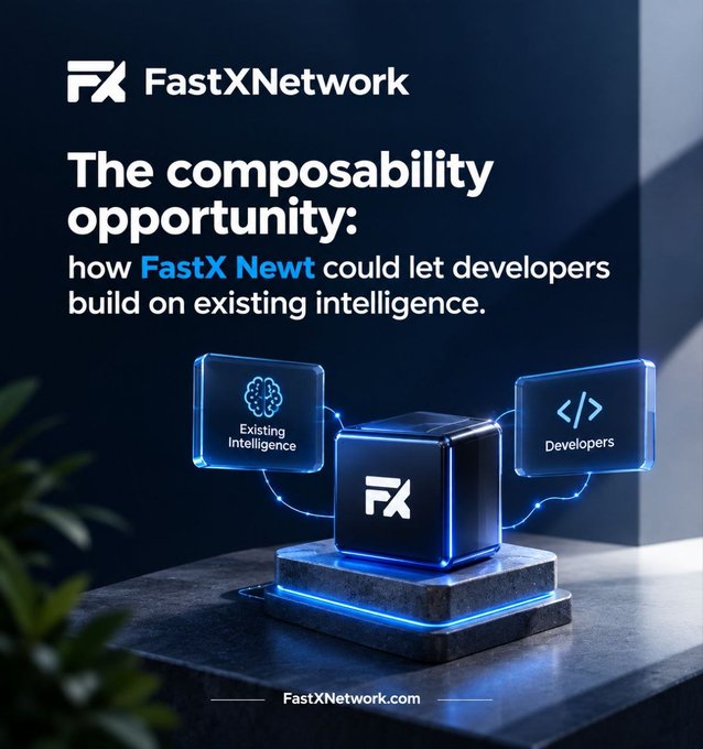A promotional graphic for FastXNetwork features the headline "The composability opportunity: how FastX Newt could let developers build on existing intelligence," accompanied by a 3D-rendered glowing blue cube displaying the "FX" logo, flanked by two smaller holographic screens labeled "Existing Intelligence" (with a brain icon) and "Developers" (with a code icon), visually illustrating how the platform connects developers with pre-built AI infrastructure rather than requiring them to build from scratch.