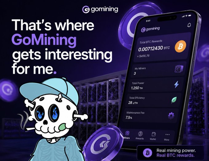 A promotional advertisement for GoMining featuring a skull mascot in a blue cap holding a token, alongside a smartphone displaying the app interface showing 0.00712430 BTC rewards and a total power of 1,250 TH.