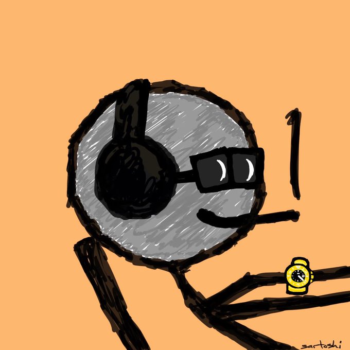A hand-drawn illustration on an orange background depicting a stick figure with a large round head, wearing headphones and pixelated sunglasses, holding a glowing yellow watch with the number 7.