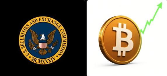 The image displays the Securities and Exchange Commission (SEC) seal on the left, featuring the eagle emblem with the founding date "MCMXXXIV" (1934), alongside a gold Bitcoin coin on the right with a rising green arrow, visually representing the post's message about the SEC easing crypto custody rules to boost institutional adoption.