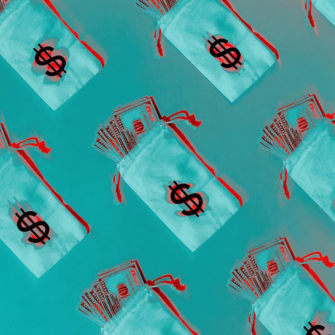A repeating pattern of teal money bags stamped with dollar signs and bundled cash tied with red ribbons, symbolizing the $20 million seed funding raised by stablecoin payments startup Fin.com.