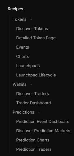 A dark-themed Recipes navigation menu listing options including Tokens (Discover Tokens, Detailed Token Page, Events, Charts, Launchpads, Launchpad Lifecycle), Wallets (Discover Traders, Trader Dashboard), and Predictions (Prediction Event Dashboard, Discover Prediction Markets, Prediction Charts, Prediction Traders).