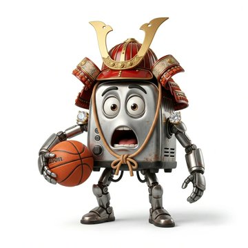 A 3D-rendered toaster character dressed as a samurai holding a basketball, with a shocked expression.