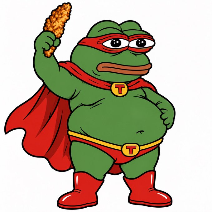 A cartoon illustration of a green frog dressed as a superhero with a red cape, red boots, and 'T' logos on its belt and chest emblem, holding up a piece of fried chicken.