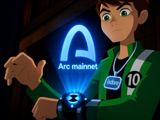 An animated character wearing a green jacket with the number 10 and an 'isdore' necklace, holding up a device that displays a glowing blue 'Arc mainnet' logo.