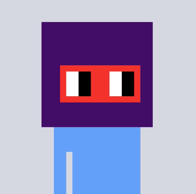 A pixel-art robot with a purple head, red-and-black visor eyes, and a blue body appears against a light gray background. The ⌐◨-◨ face serves as the avatar for the @vrnouns project on the Base network, created by @yasinaktimur.
