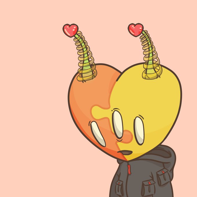 An illustration of a yellow and orange cartoon heart-shaped character wearing a black hoodie, featuring spring-like antennae topped with red hearts against a peach background.