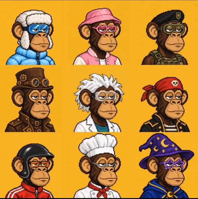 A grid of nine pixel-art NFT-style monkey characters, each depicted with unique outfits and accessories such as a pilot hat, pink bucket hat, military beret, steampunk hat, scientist coat, pirate bandana, motorcycle helmet, chef's hat, and wizard hat.