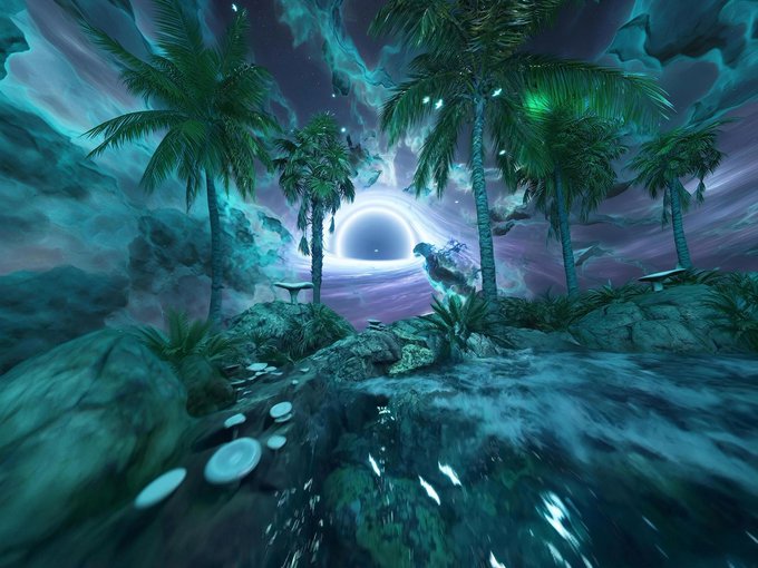 A surreal, otherworldly landscape features silhouetted palm trees against a glowing celestial portal set within swirling teal and purple cosmic clouds, with a stream flowing over rocky terrain toward the viewer. The dreamlike, forward-moving vista visually echoes the post's motivational theme of "keep moving, results will follow," reflecting the forward progress of @useTria's Web3 campaign as Epoch 2 wraps up with upcoming rewards on @MindoAI.