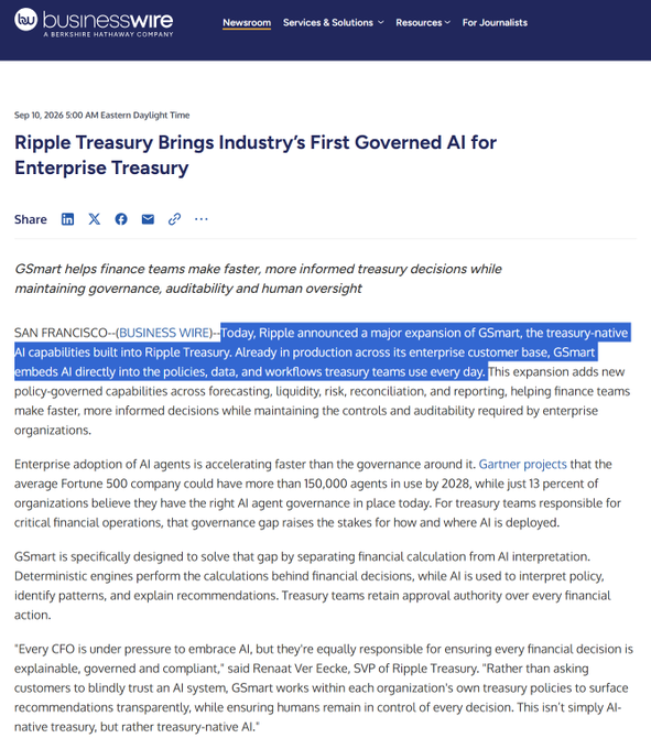A Business Wire press release article dated "Sep 10, 2026," titled "Ripple Treasury Brings Industry's First Governed AI for Enterprise Treasury," with a highlighted paragraph detailing the expansion of their "GSmart" capabilities.