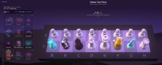 A chess-themed NFT game interface titled 'Choose Your Pieces' showing a collection of character pieces on a board labeled A-H, with a sidebar displaying items like Volarius, Zetheris, Felly, Gorgerfiender, and others.