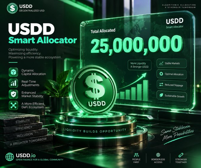 A promotional graphic for USDD Smart Allocator showcases a "Total Allocated" figure of 25,000,000 alongside features like "More Liquidity," "Stable Markets," and "Reduced Slippage," with the tagline "Liquidity Builds Opportunity." The image appears unrelated to the accompanying post about WINkLink's data layer for smart contracts, as it focuses on decentralized stablecoin capital allocation rather than oracle price feeds.