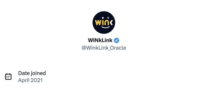 A Twitter profile header for WINkLink (@WinkLink_Oracle), verified with a blue checkmark and joined April 2021, displayed alongside a post about the platform's role in providing accurate on-chain data for DAO treasury management and governance security.