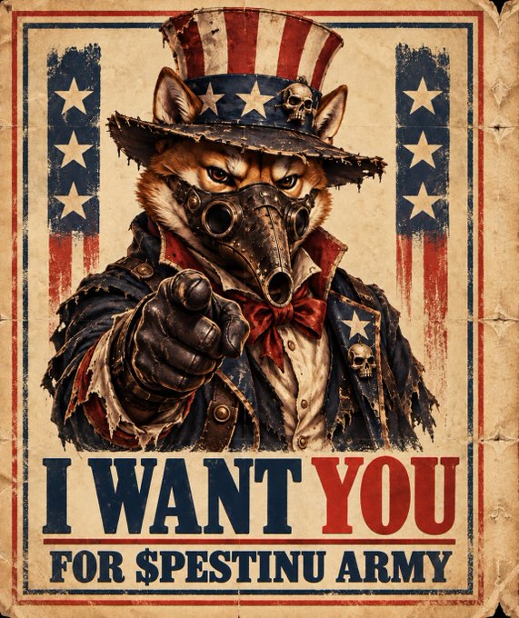 A vintage-style poster featuring a masked fox character pointing forward in patriotic attire, with the text 'I WANT YOU FOR $PESTINU ARMY' displayed below.