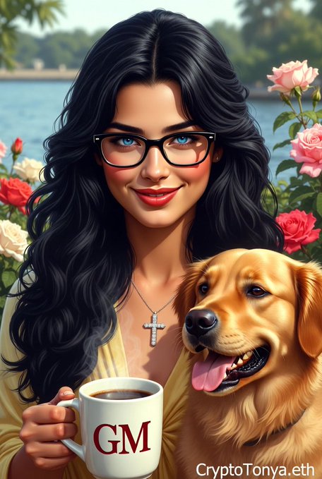 Illustration of a woman with long dark hair and glasses holding a 'GM' mug alongside a golden retriever dog, with 'CryptoTonya.eth' watermark.