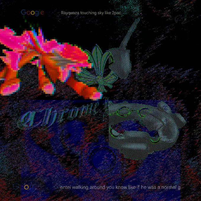 A glitchy, psychedelic artwork featuring distorted Pokemon-like creatures with text reading 'Rayquaza touching sky like 2pac' and 'entai walking around you know like if he was a normal g'.
