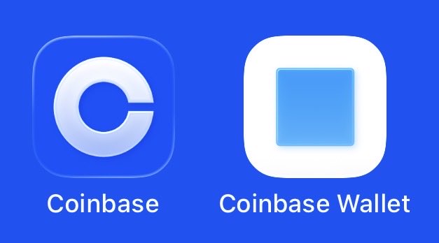 App icons for Coinbase and Coinbase Wallet displayed on a blue background.