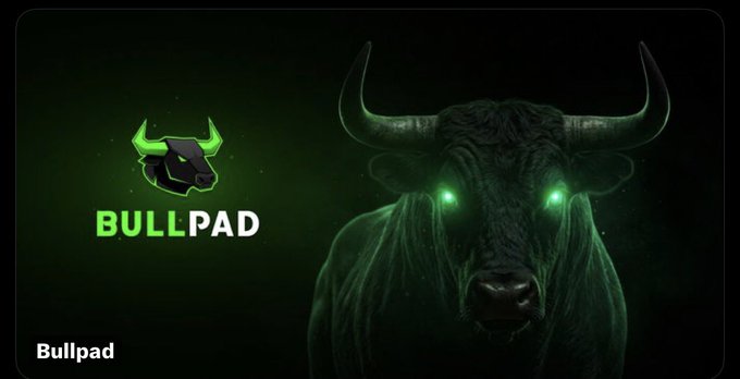 A dark promotional graphic features a menacing bull with glowing green eyes alongside the "BULLPAD" logo, visually reinforcing the post's theme of BullPad's launchpad flywheel driving ecosystem activity from a project's inception.