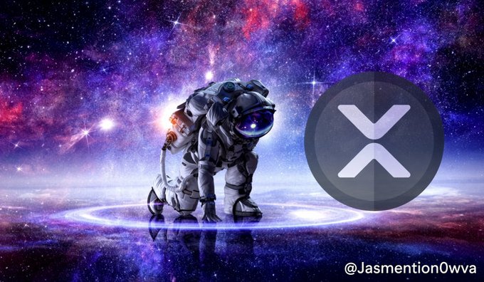 An astronaut kneels on a reflective cosmic surface beneath a vibrant purple and pink starry galaxy, with XRP's logo prominently displayed on the right and the watermark "@Jasmention0wva" at the bottom, symbolizing the post's message of long-term holding ("diamond hands 💎🏽") toward ambitious price targets of $1,000+.