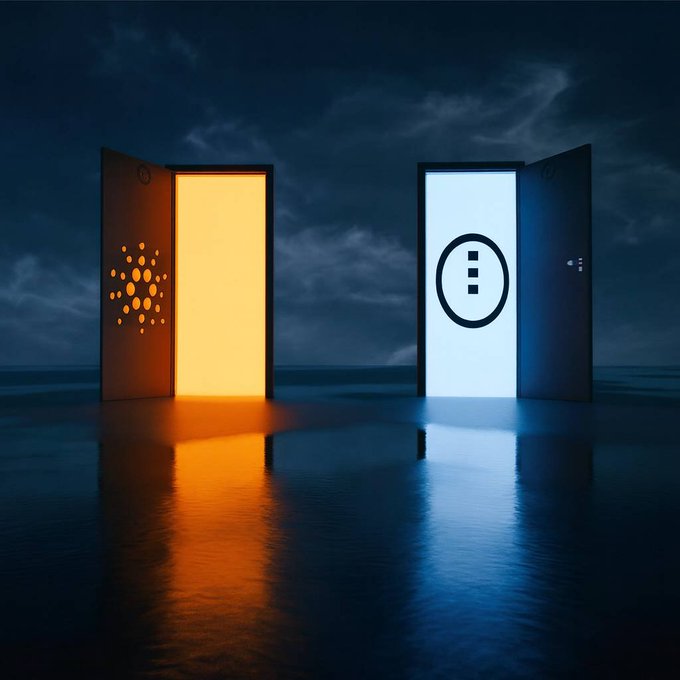 The image features two doors, one painted yellow with a circle symbol on it and the other blue with an exclamation mark symbol. The doors are open, creating a striking contrast between the warm and cool tones of their colors. In the background, there is a dark sky filled with clouds, adding to the overall atmosphere of the scene. The image also includes text that reads "We have a great lineup of speakers this week come tune in we have 2 great Cardano SPOs talking Cardano and Midnight. @astroboysoup SPO of ADAOZ Pool Chris Str8 SPO of STR8 Pool #Cardano #Midnight #Crypto". This suggests that the image is related to an event or gathering featuring speakers discussing the world of cryptocurrencies, specifically focusing on Cardano coins.
