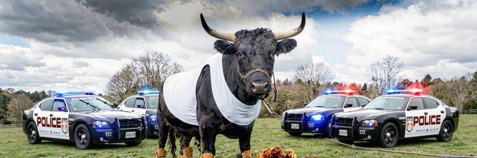 A black bull wearing a white shirt stands triumphantly in a field, flanked by four police cruisers with flashing lights displaying "POLICE" markings. The image humorously illustrates the post's "bullmarket" sentiment, with the bullish bovine surrounded by flashing patrol cars—symbolizing the wild, chaotic energy of crypto hype and the post's promotion of $NIGGABULL, which the author calls "still cheap at 300K."