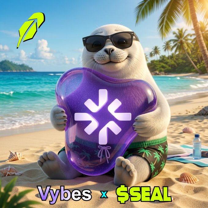 A cartoon seal wearing sunglasses and palm tree-print shorts holds a glowing purple Vybes logo on a tropical beach, with "Vybes x $SEAL" text displayed at the bottom. The promotional graphic highlights the technical partnership between Vybes and the $SEAL token ahead of its August 4th launch, showcasing Vybes' role as the dev partner powering Crypto Paradise's smart contract and wallet checker.