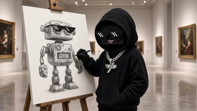 An AI-generated image of a hooded figure with pixelated sunglasses and a large cross necklace painting a portrait of a robot labeled 'GROK' in an art gallery setting.