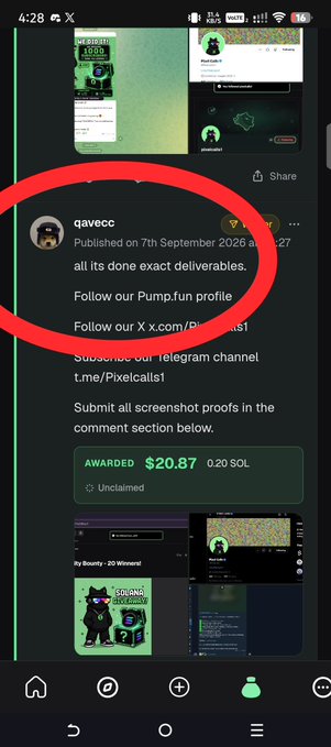 A screenshot from the Pump.fun app circled in red, showing a post by user 'qavecc' dated '7th September 2025' announcing completed deliveries and an unclaimed reward of '$20.87 0.20 SOL'.