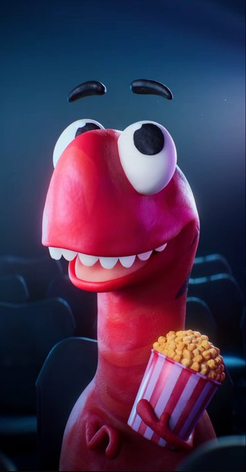 3D rendered red cartoon dinosaur character with large white eyes sitting in a movie theater holding a bucket of popcorn.