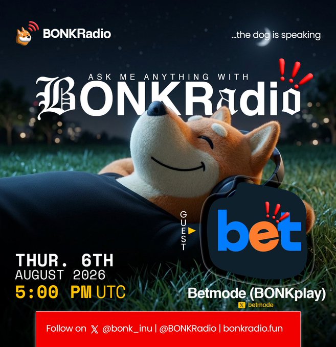 This image promotes an "Ask Me Anything" event with BONKRadio featuring Betmode (BONKplay) on Thursday, August 6th, 2026, at 5:00 PM UTC, advertised with the tagline "...the dog is speaking". The image directly relates to the post by announcing the guest and event details, coinciding with the mention of Betmode on BONKRadio.