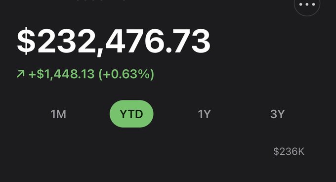 A financial app screen showing a balance of $232,476.73, with a YTD gain of +$1,448.13 (+0.63%).