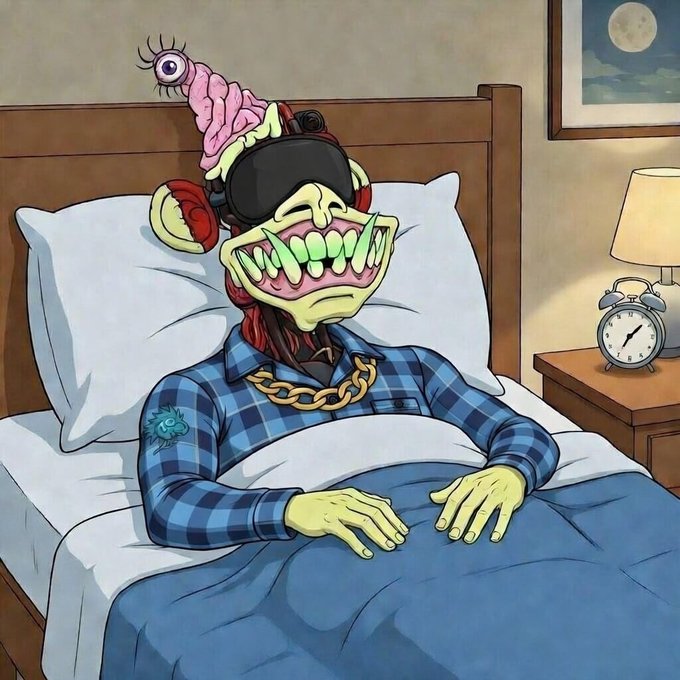 A cartoon-style illustration of a grotesque green-skinned zombie-like character wearing a VR headset, headphones, a gold chain, and a blue plaid shirt, lying in a bed with a nightstand, alarm clock, and moonlit window in the background.