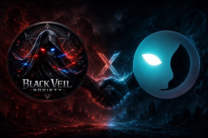 A promotional graphic showing a clash between two entities: "BlackVeil Society" logo featuring a hooded figure with glowing red and blue eyes on the left, and a blue masked figure on the right, separated by a red and blue lightning "X".