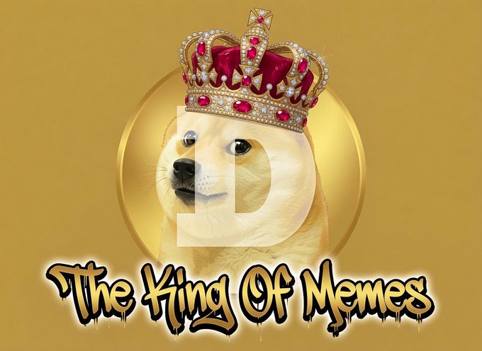 A regal Shiba Inu wearing a jeweled red-and-gold crown appears above the text "The King Of Memes," set against a golden background with a "D" emblem — visually reinforcing the post's message that $DOGE is the unrivaled sovereign leader of meme coins, reigning over its own independent Layer 1 blockchain.