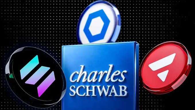 An image showing three cryptocurrency tokens alongside a blue sign for 'charles SCHWAB'.