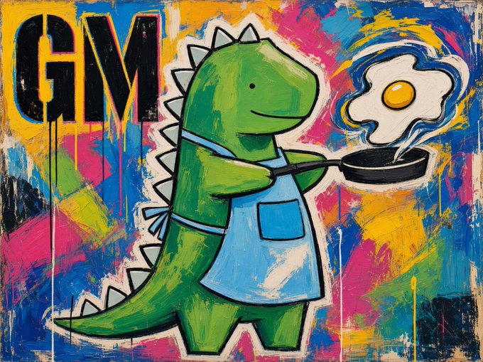 A vibrant, colorful mural-style illustration shows a smiling green dinosaur in a blue apron frying an egg in a pan, with "GM" in bold black letters at the top left.