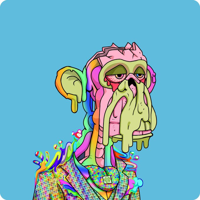 A colorful, surreal digital illustration of a character with a pink spiky head, a melting green face, and a rainbow-colored suit against a teal background.