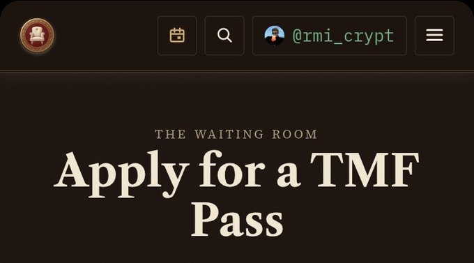 A dark-themed webpage screenshot showing the username '@irmi_crypt' and the text 'THE WAITING ROOM: Apply for a TMF Pass'.