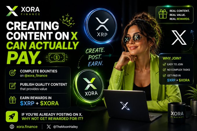 A promotional graphic for XORA Finance featuring a woman in a green jacket and sunglasses working on a laptop displaying the X logo, with text highlighting "Creating content on X can actually pay" and outlining how users can complete bounties, publish quality content, and earn rewards in $XRP + $XORA tokens. The design showcases the XORA Finance branding alongside key benefits like "Real Content. Real Value. Real Rewards." and directs viewers to join at xora.finance.