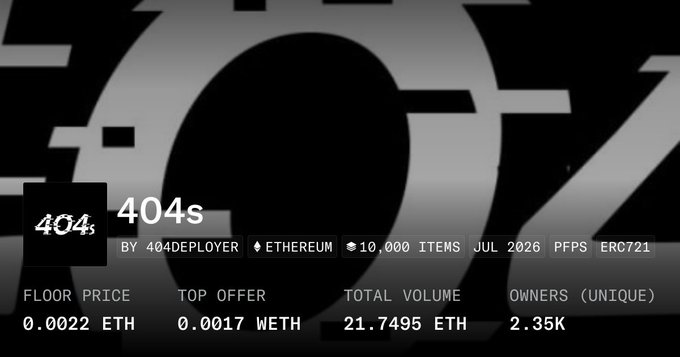 This image shows the details of the "404s" Ethereum NFT collection, including a floor price of 0.0022 ETH and a total volume of 21.7495 ETH. The accompanying post implies the user is holding 16 of these NFTs in their collection, making a powerful statement with their holdings.