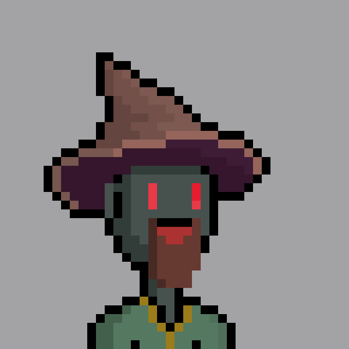 A pixel art character of a witch wearing a purple hat with glowing red eyes and a beard, styled like a Minecraft skin.