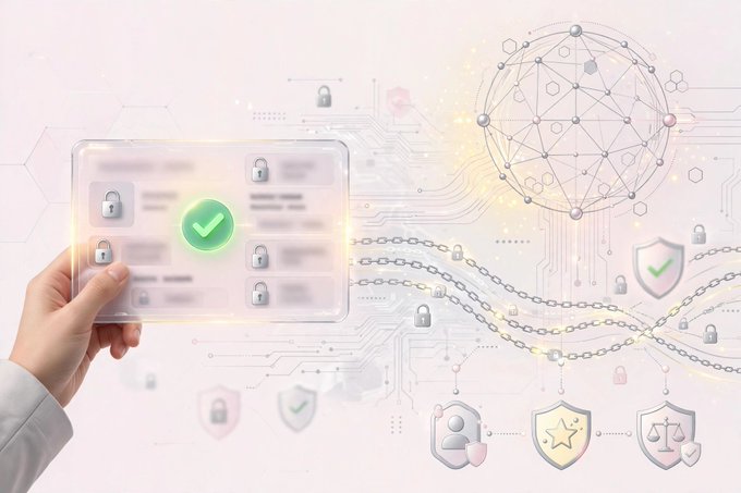 A hand holds a translucent digital tablet displaying a green checkmark and padlock icons, with chains and a networked sphere symbolizing cybersecurity in the background.