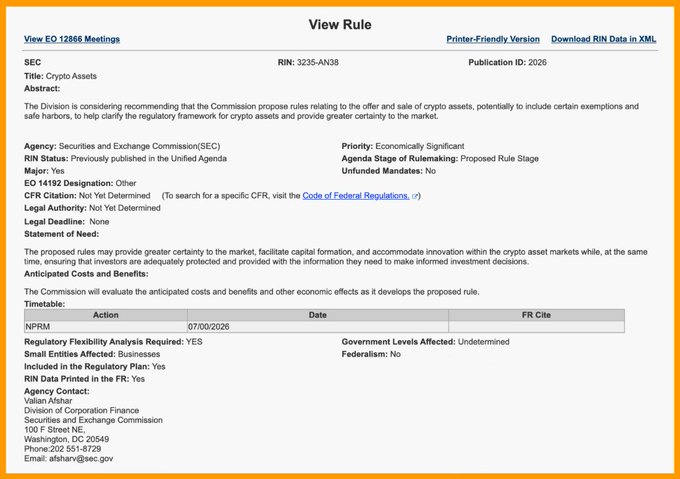 A webpage screenshot displays an SEC "View Rule" entry for RIN 3235-AN38, titled "Crypto Assets," with a publication ID of 2026 and a scheduled NPRM date of 07/00/2026, indicating the SEC is in the proposed rule stage of developing crypto regulations. This supports the post's claim that the SEC is moving forward with crypto rulemaking to clarify the regulatory framework.