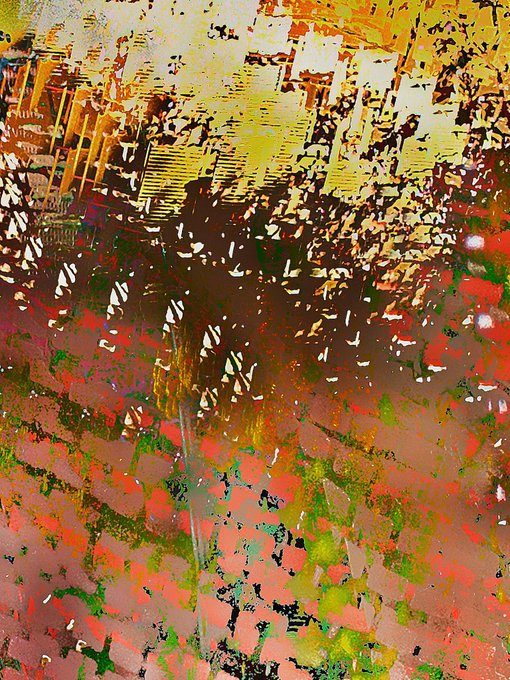 A warm-toned abstract painting dominated by yellows, reds, and browns, with textured brushstrokes suggesting a landscape or sunset scene with dark, tree-like silhouettes.